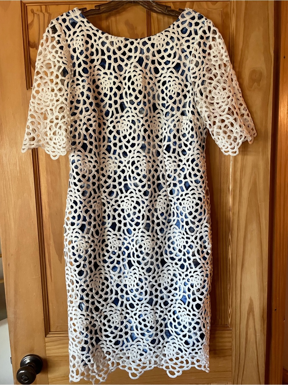 ANTONIO MELANI White Crochet Overlay Dress with Navy Lining